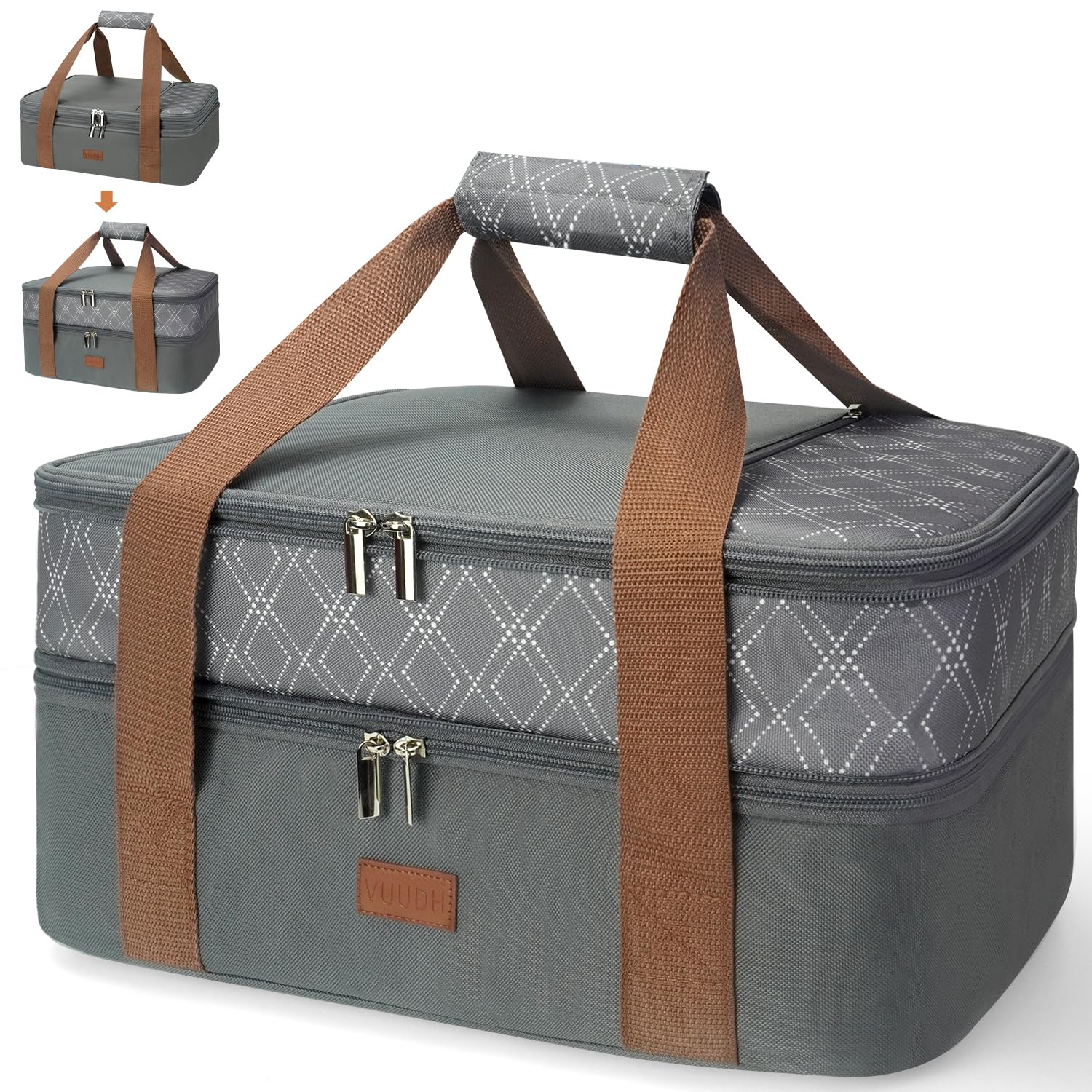 Vuudh expandable casserole carrier top compartment expanded for extra dishes.