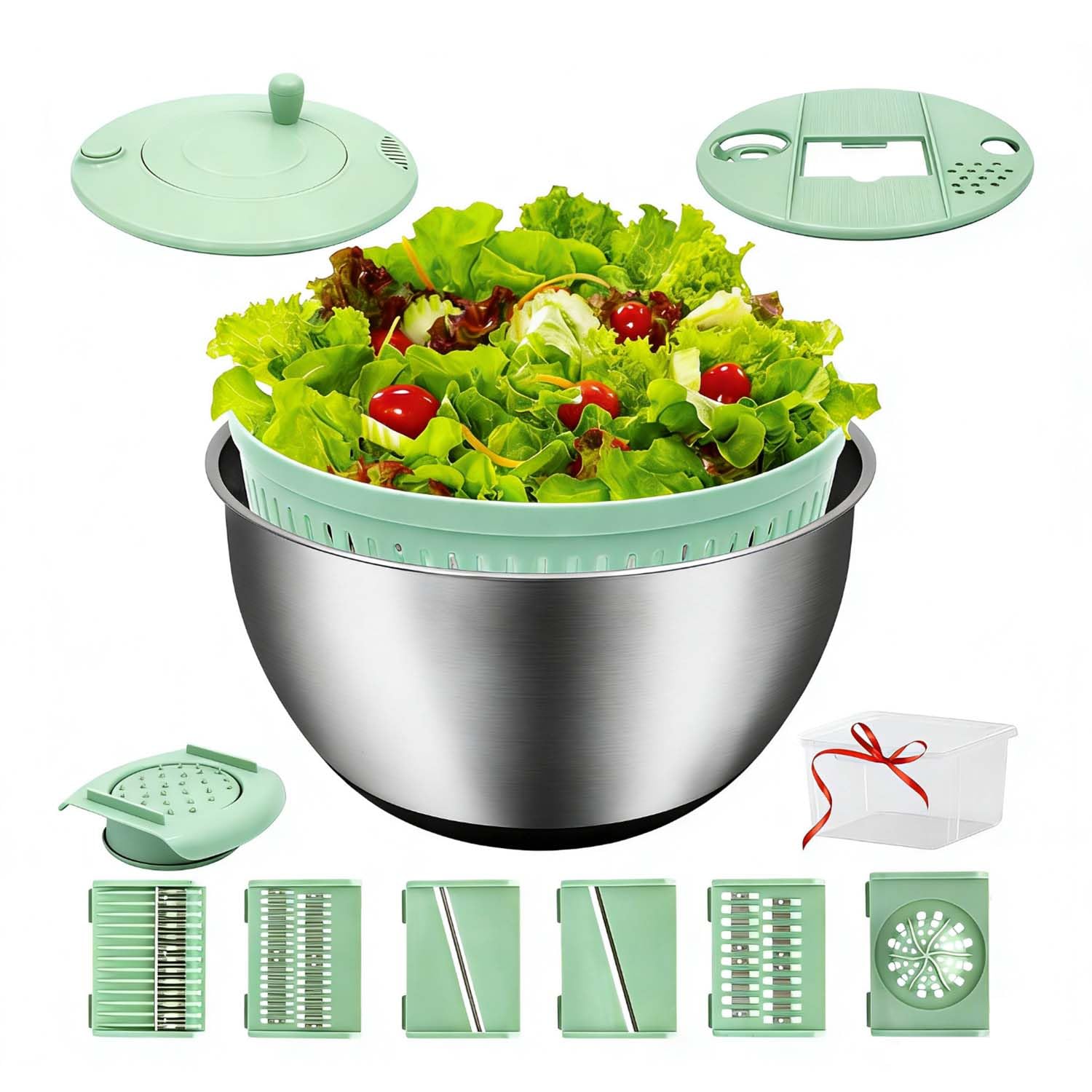 VVAKAM 5.3QT salad spinner bowl showing ample capacity for family meals