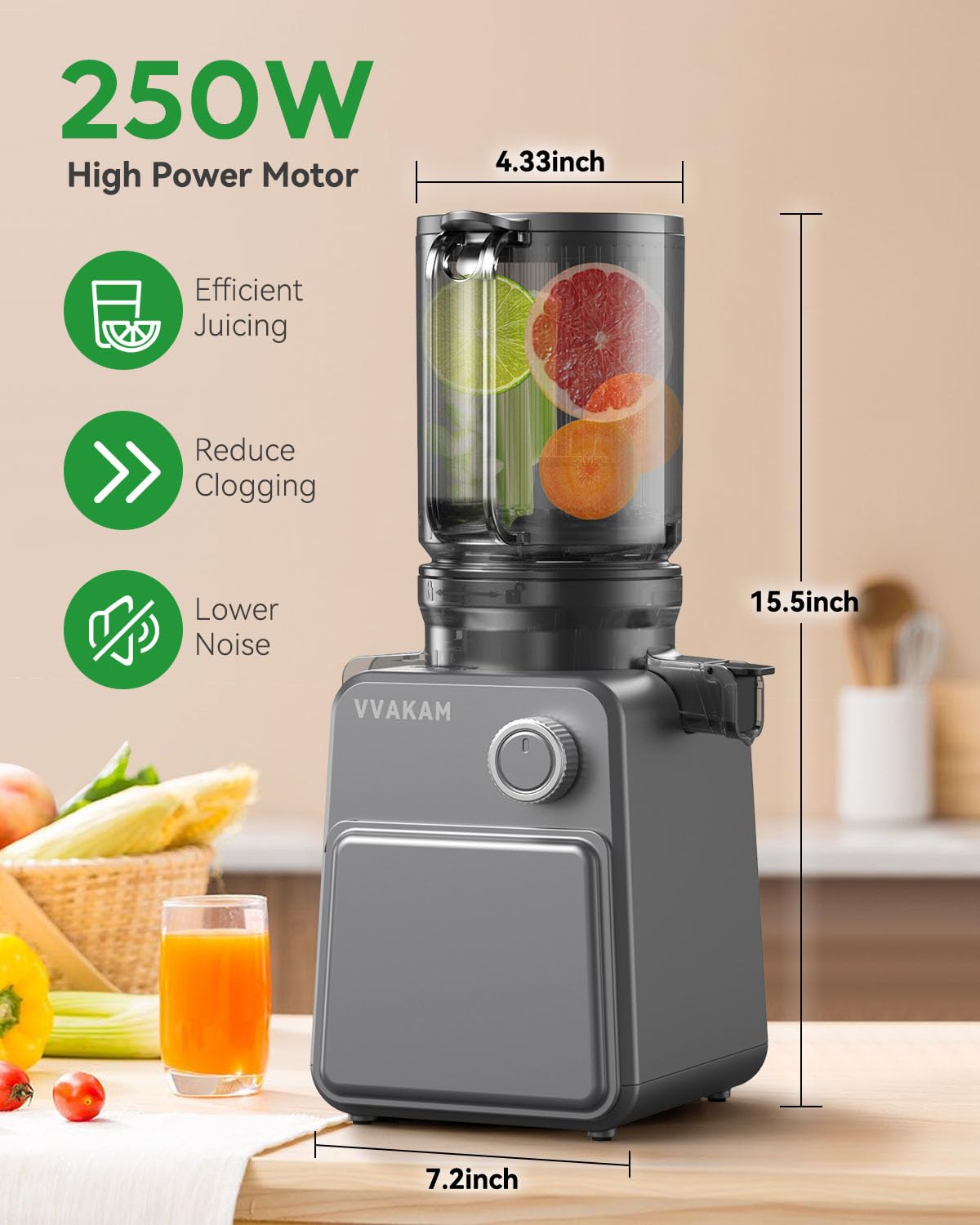 VVAKAM 250W motor powers steady, smooth juice with minimal effort