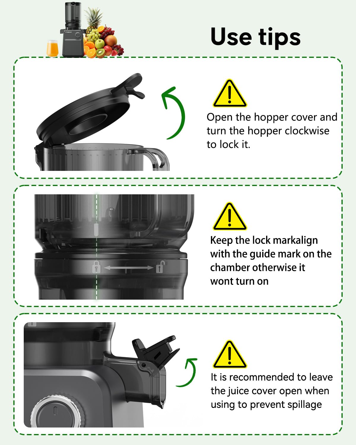VVAKAM reverse function clears jams to keep juicing moving