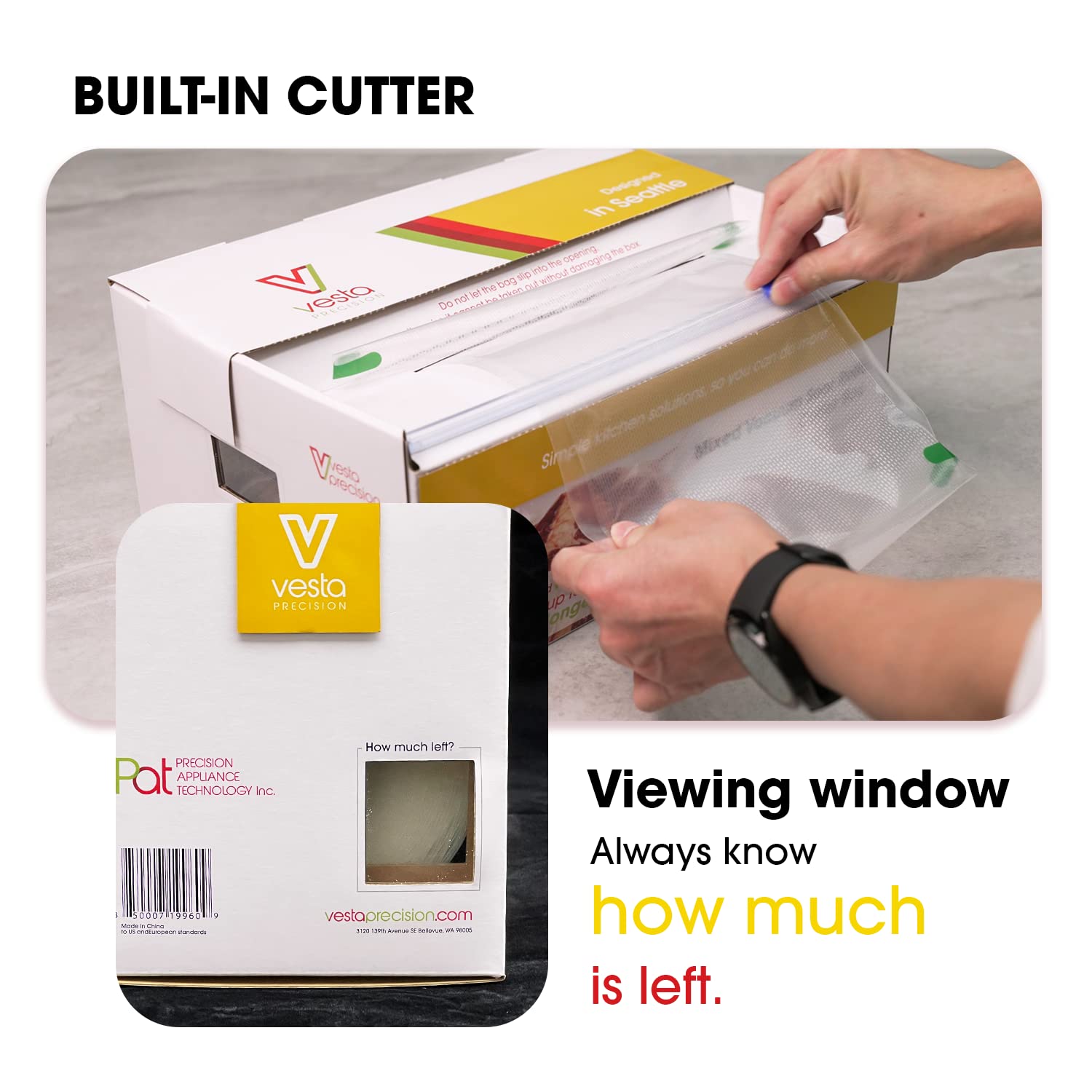 V Vesta Precision packaging showing viewing window for bag quantity