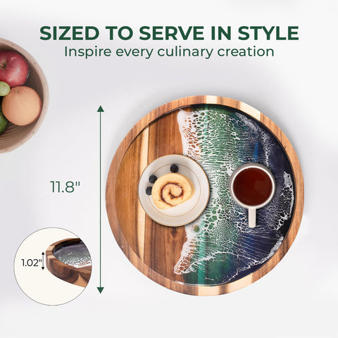 VWOOX Acacia Round Tray stand enables upright display as chic kitchen decor.