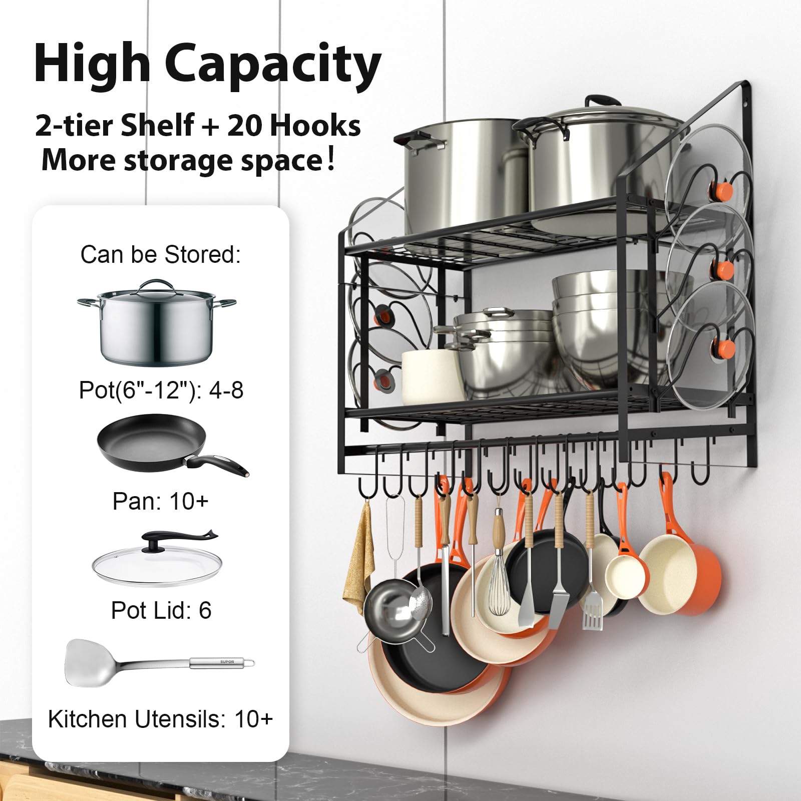 VyGrow 20 movable hooks for customizable cookware hanging.