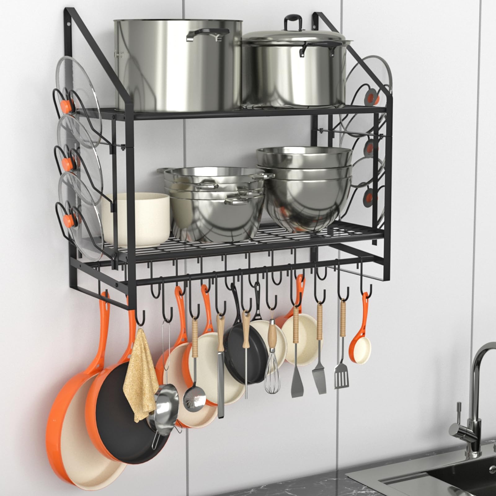 VyGrow 28-inch two-tier pot rack mounted on wall for organized cookware.