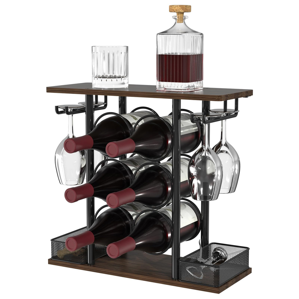 VyGrow 3-tier wine rack in wood and metal for organized kitchen storage.