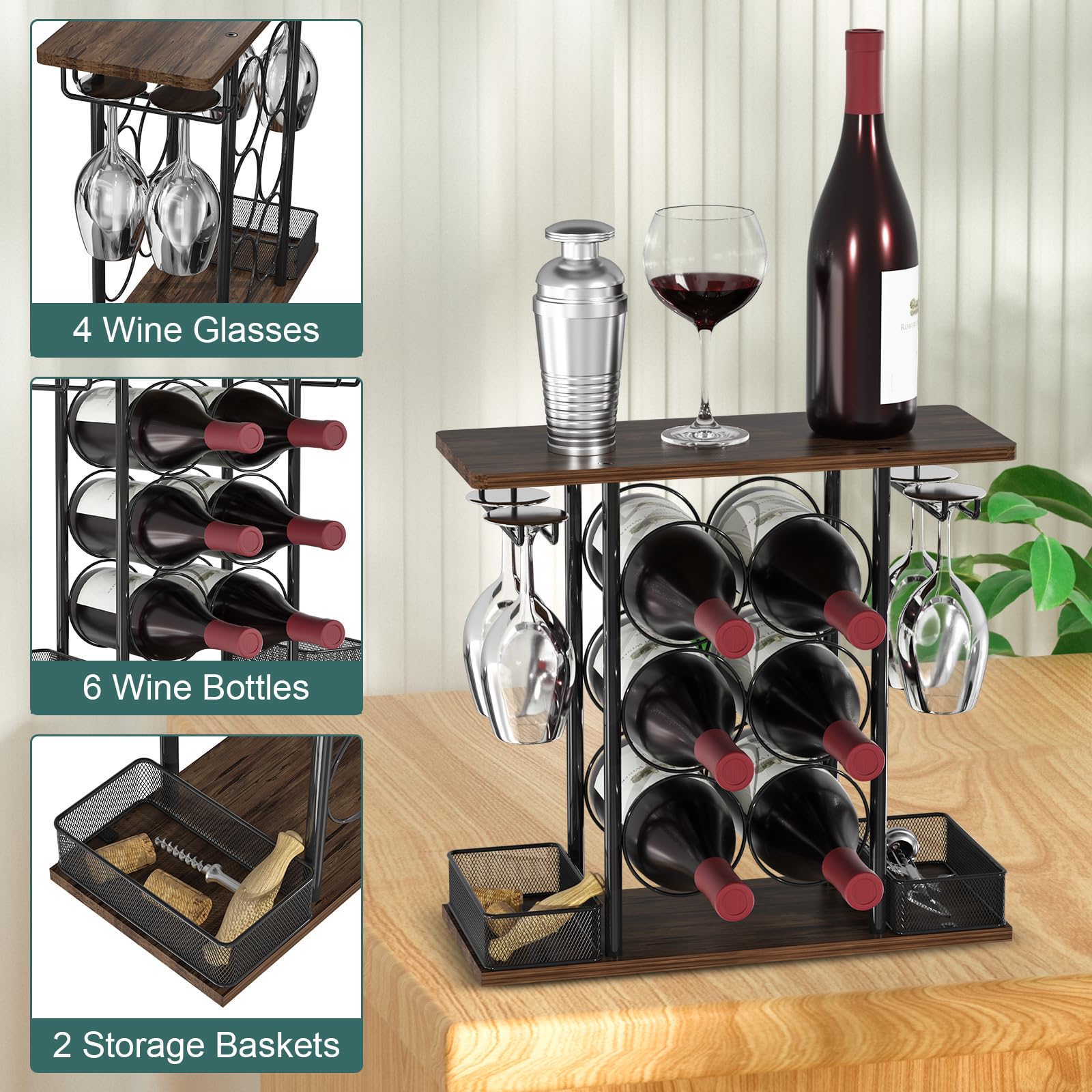 VyGrow countertop wine rack holding six bottles and four glasses on a stylish counter.