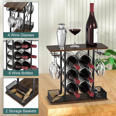 VyGrow countertop wine rack holding six bottles and four glasses on a stylish counter.