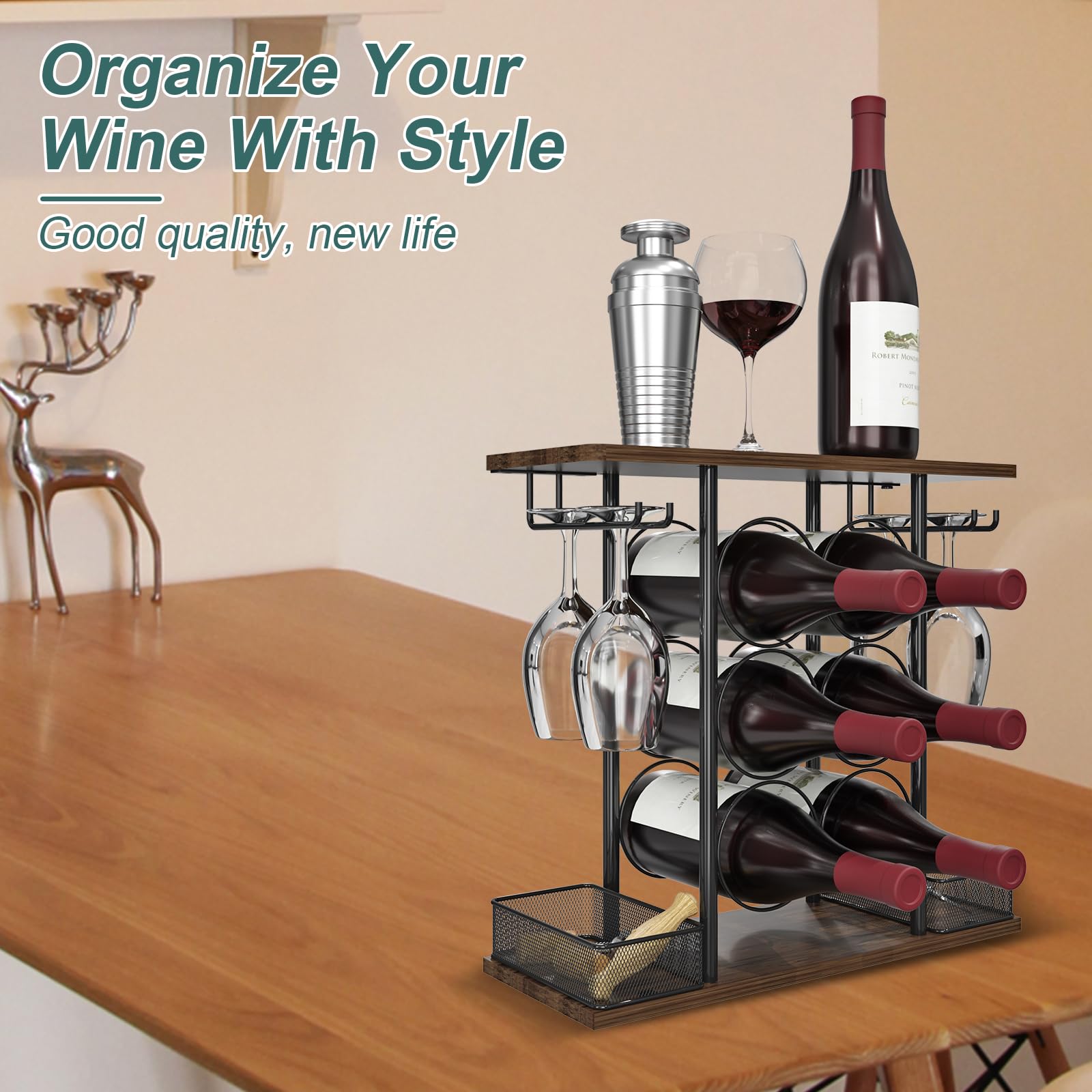 VyGrow wood and metal design enhances a home bar display on a counter.