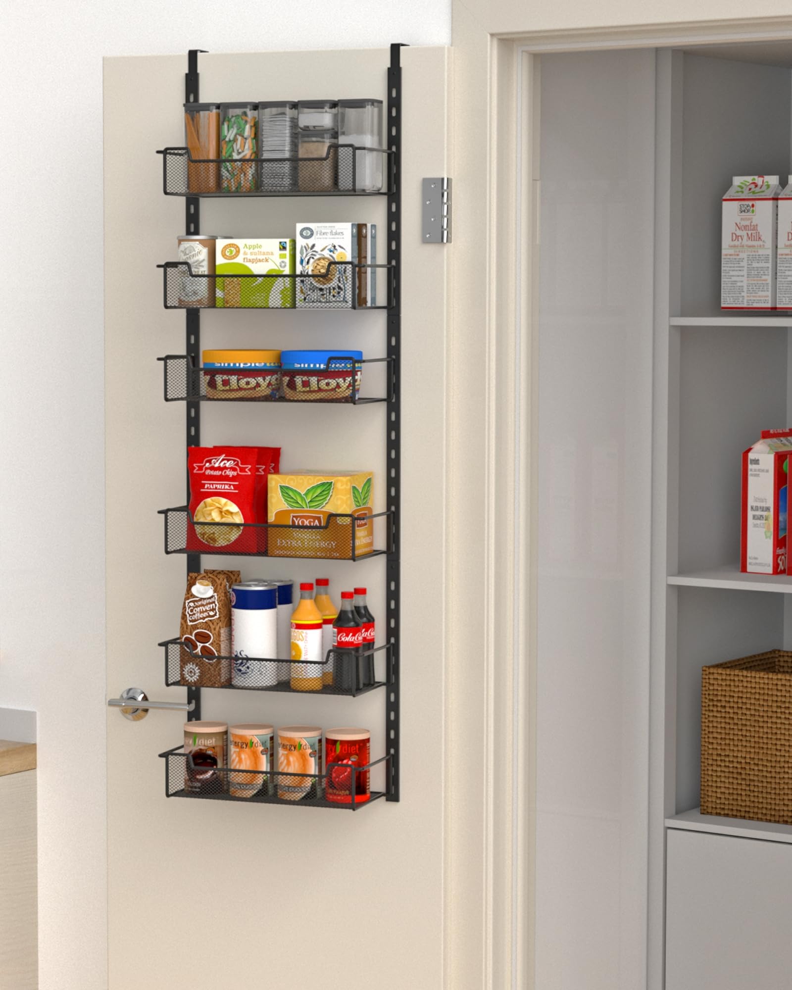 VyGrow over-the-door pantry organizer with six baskets for spacious storage.