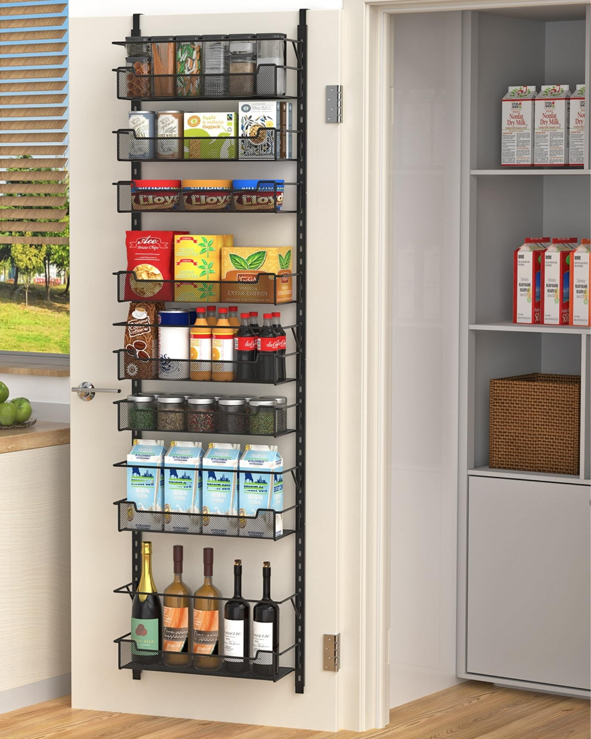 VyGrow over-the-door pantry organizer with eight baskets for clutter-free pantry storage.