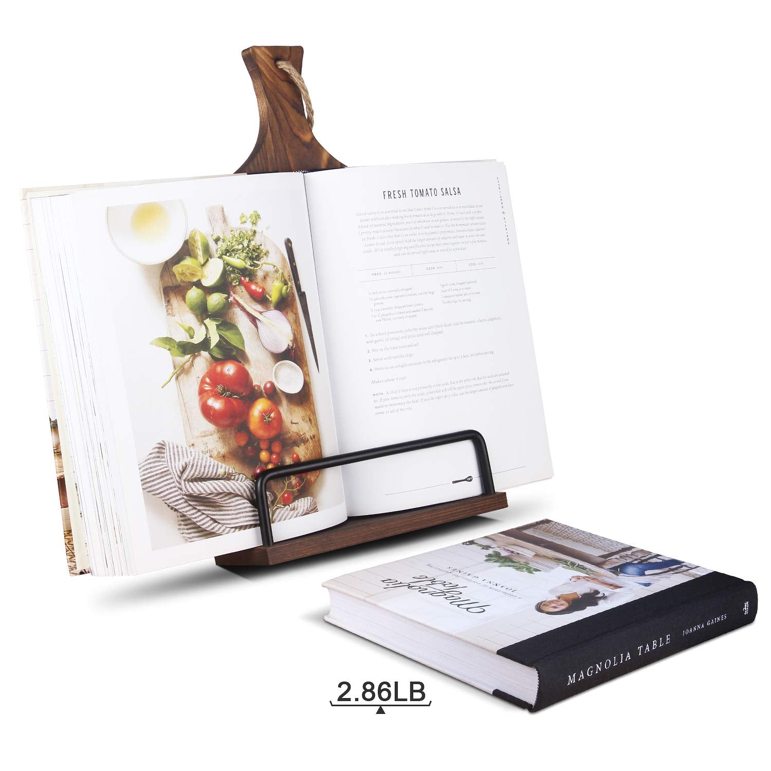 VYNOPA wooden desk stand on counter offers clear recipe visibility.