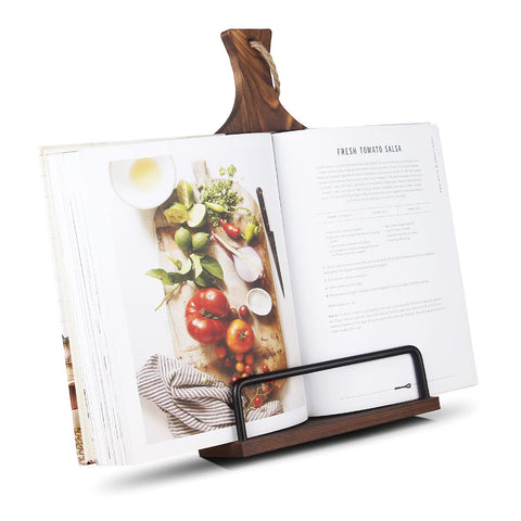 VYNOPA wooden cookbook stand with rustic finish and sturdy page support.