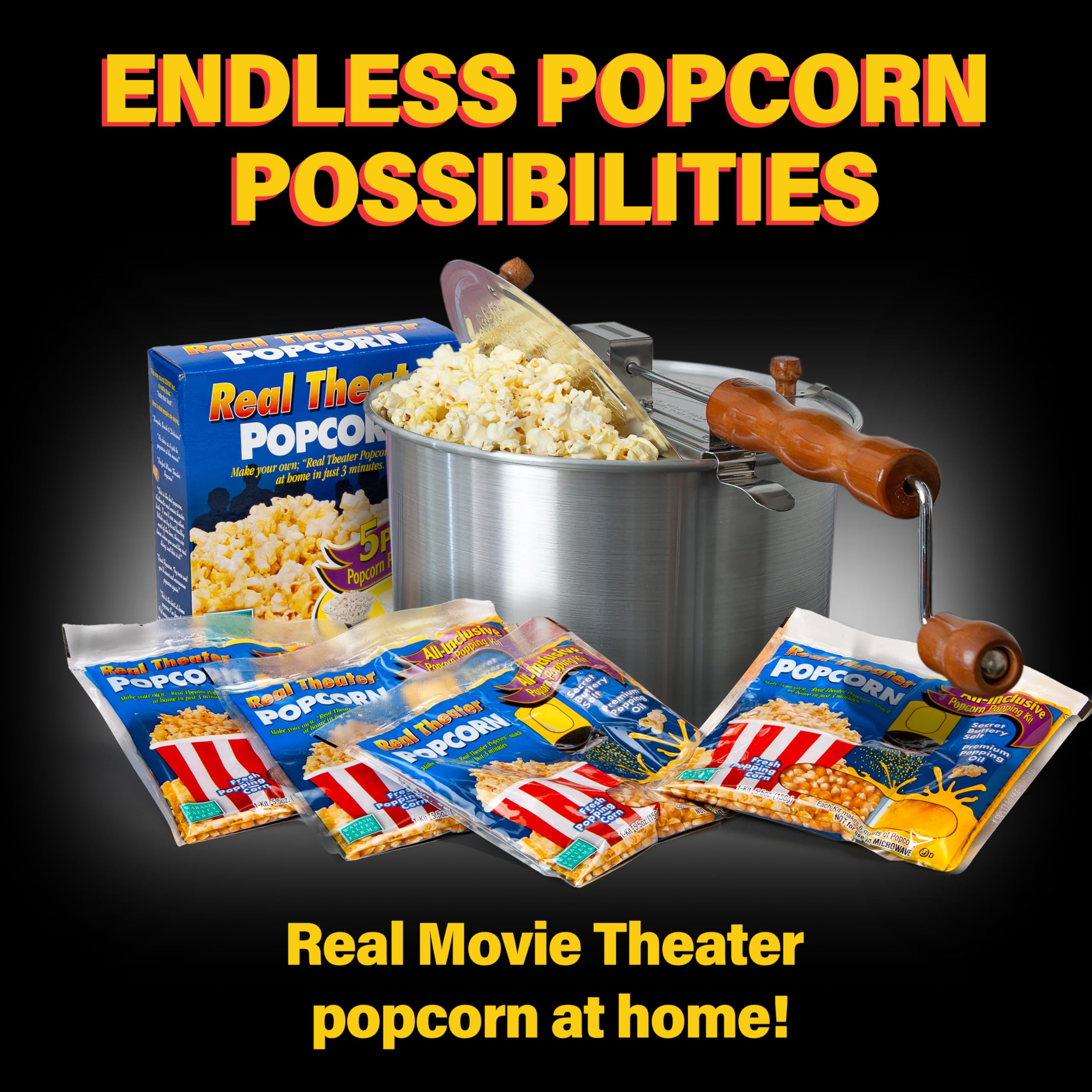 Wabash Valley Farms Whirley-Pop movie-night popcorn at home.
