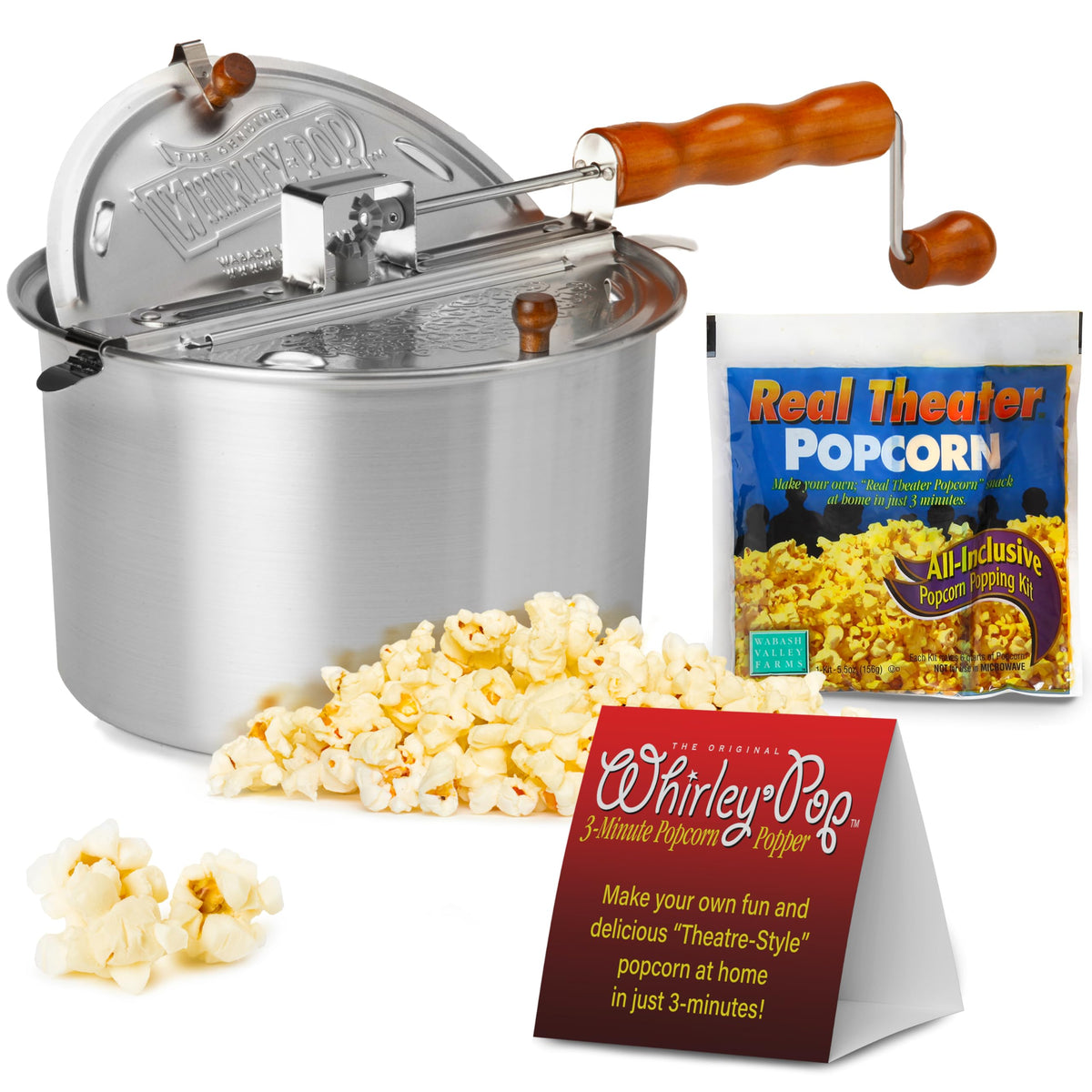 Wabash Valley Farms Whirley-Pop on stove with nylon gears for quick popping.