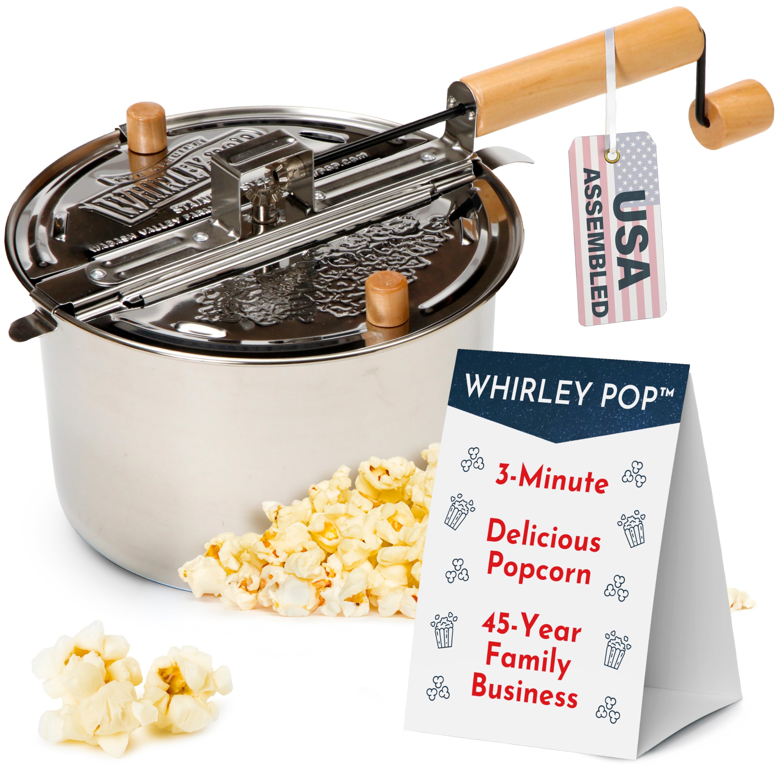 Wabash Valley Farms Whirley Pop handle close-up showing even stirring for kernels