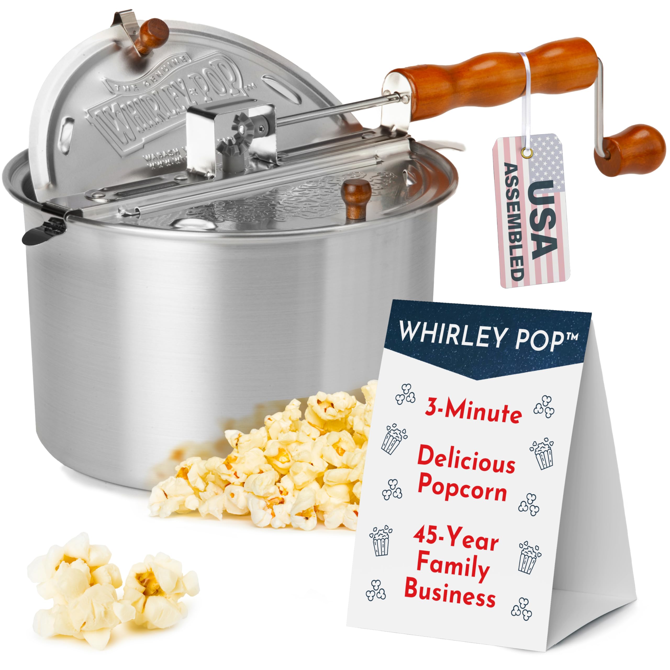 Wabash Valley Farms Whirley Pop handle close-up, smooth rotation for even popping.