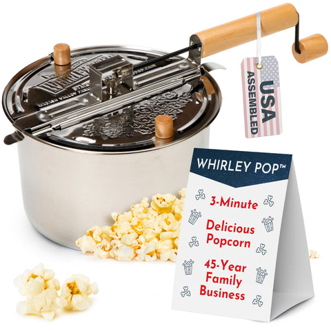 Wabash Valley Farms Whirley Pop handle close-up showing even stirring for kernels