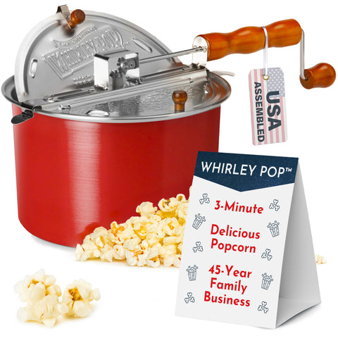 Wabash Valley Farms Whirley Pop red in action demonstrates even heat and consistent stirring.