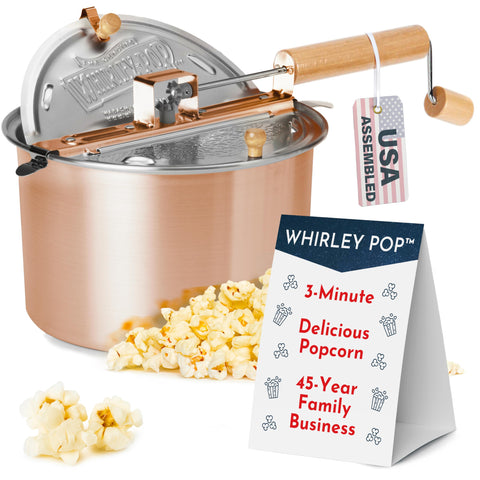Wabash Valley Farms Whirley Pop on stove top with copper finish for quick, evenly popped corn