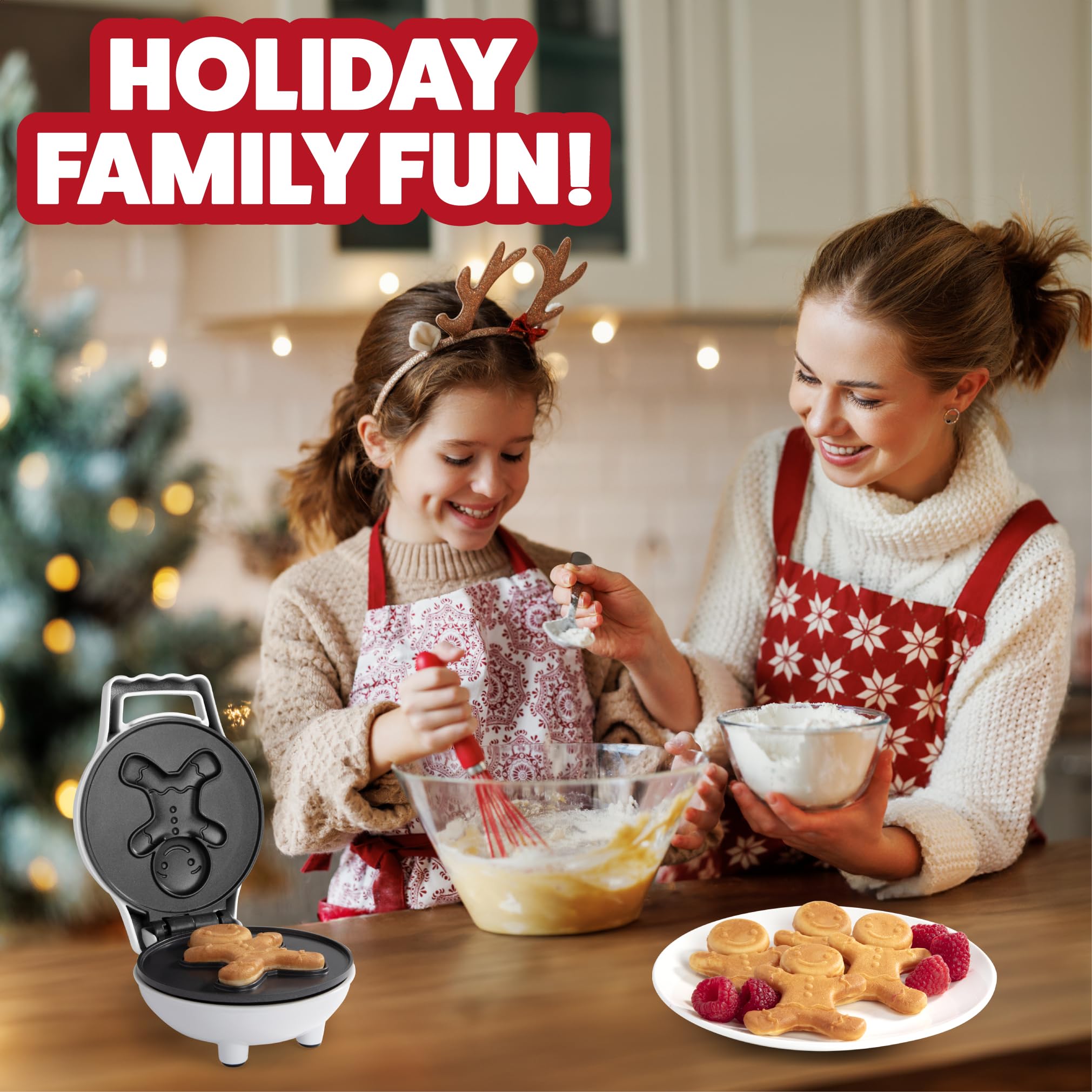Waffle Wow Gingerbread Man mini waffle maker standing upright saves countertop space.