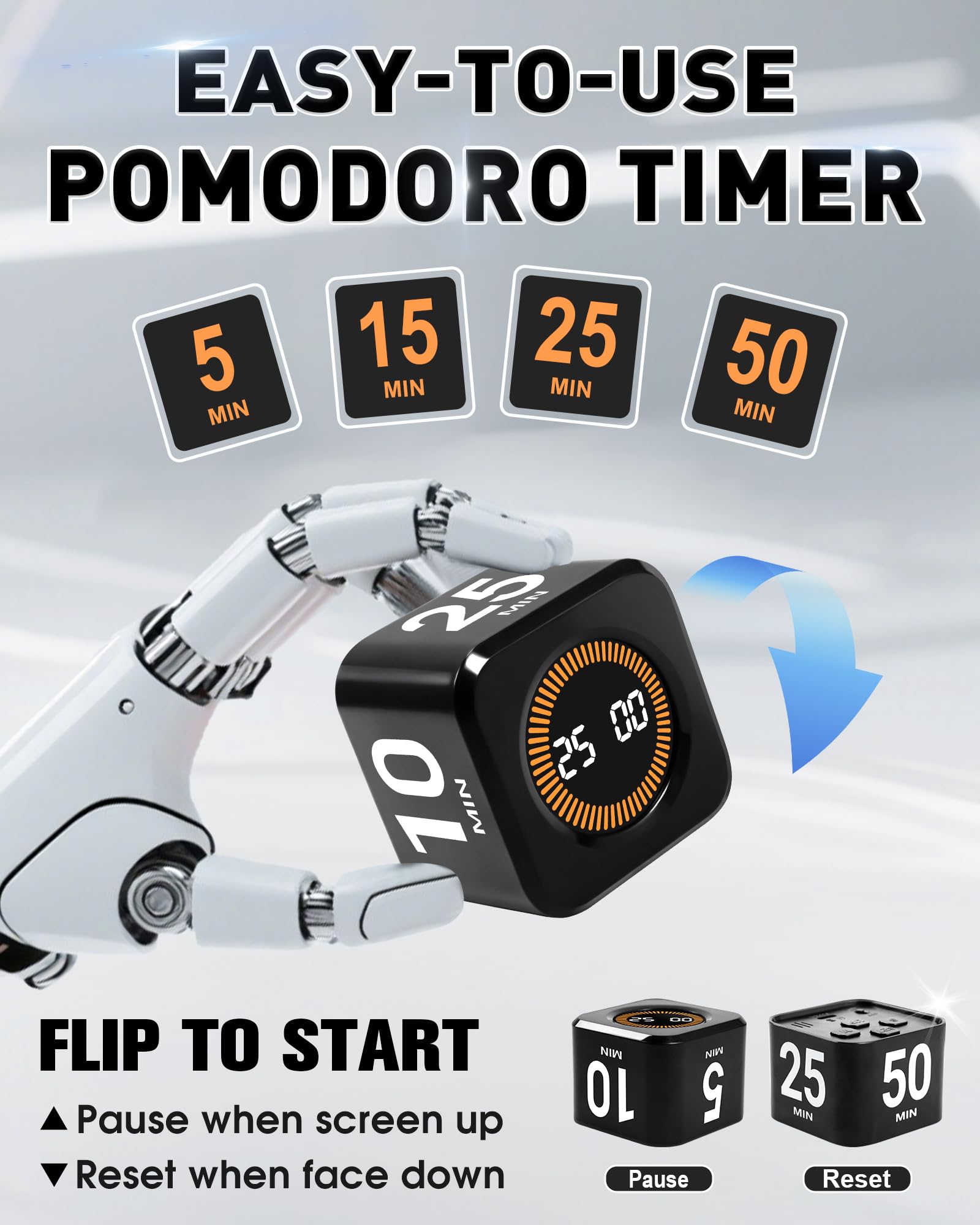 WAFHX Pomodoro Timer Cube display closeup with backlight for readability.