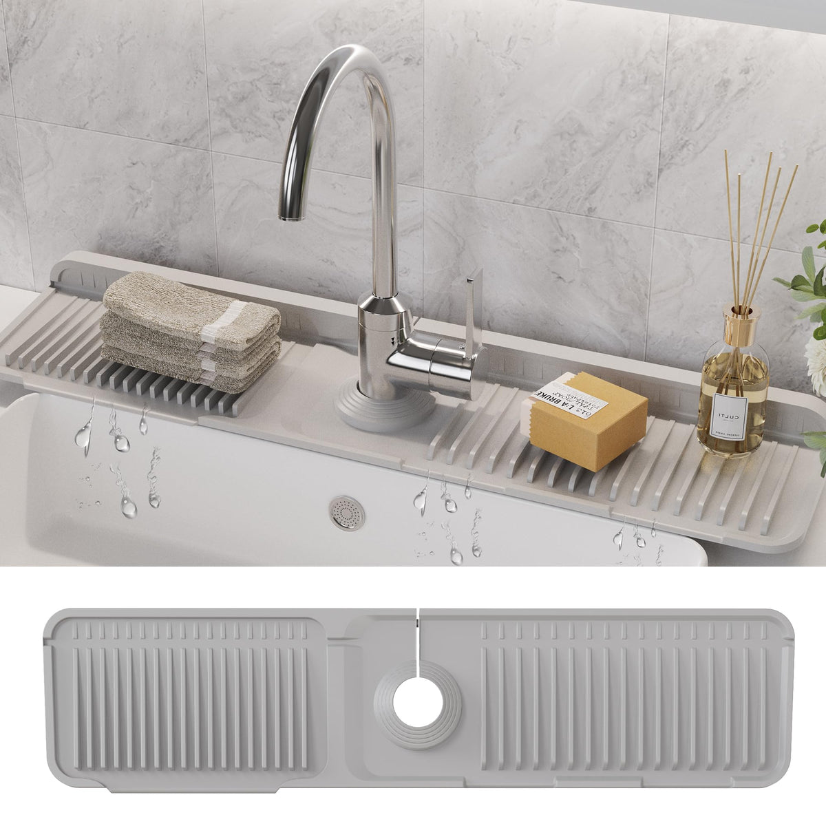WAFT YEARN 24x5 silicone faucet mat protects sink area from splashes.