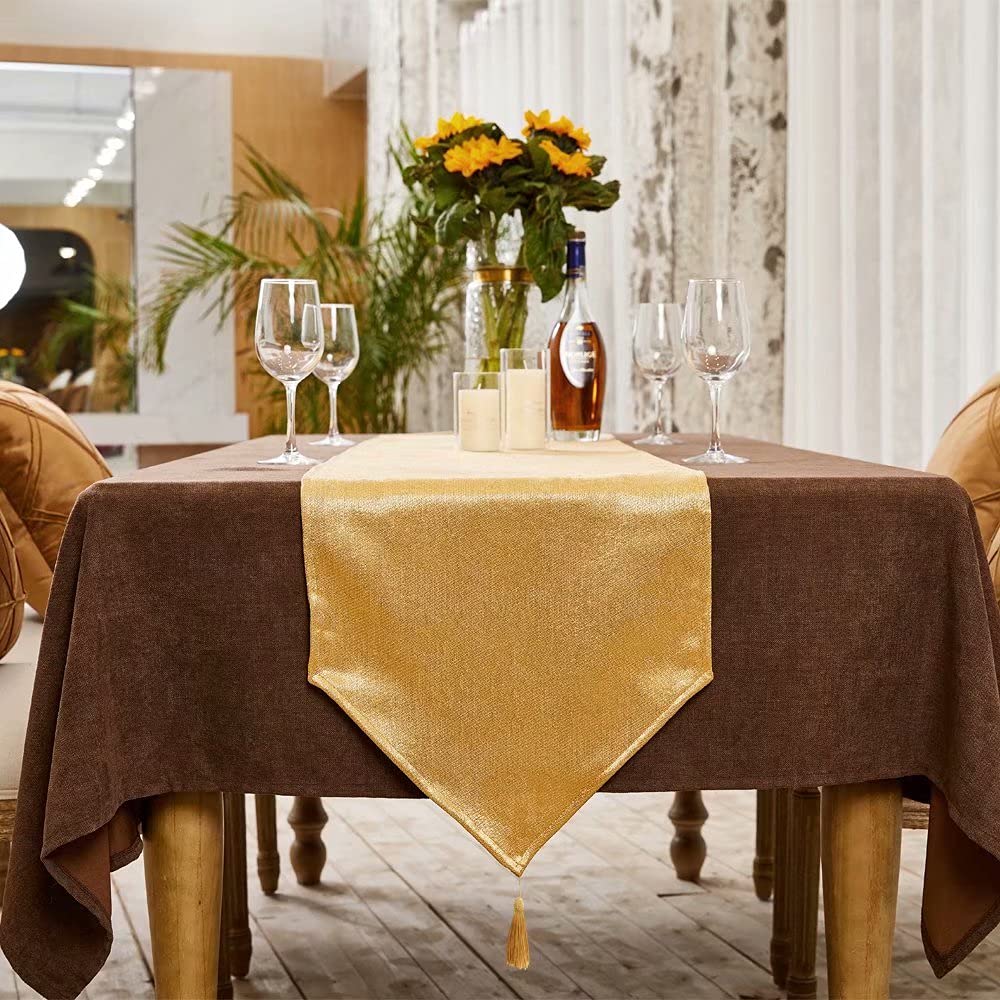 WAITER TREE gold accents on table runner enhance holiday settings.