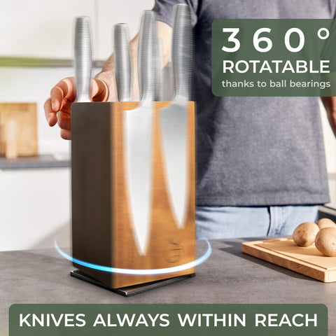 WALDWERK acacia wood knife block with four magnetic sides securely holding blades
