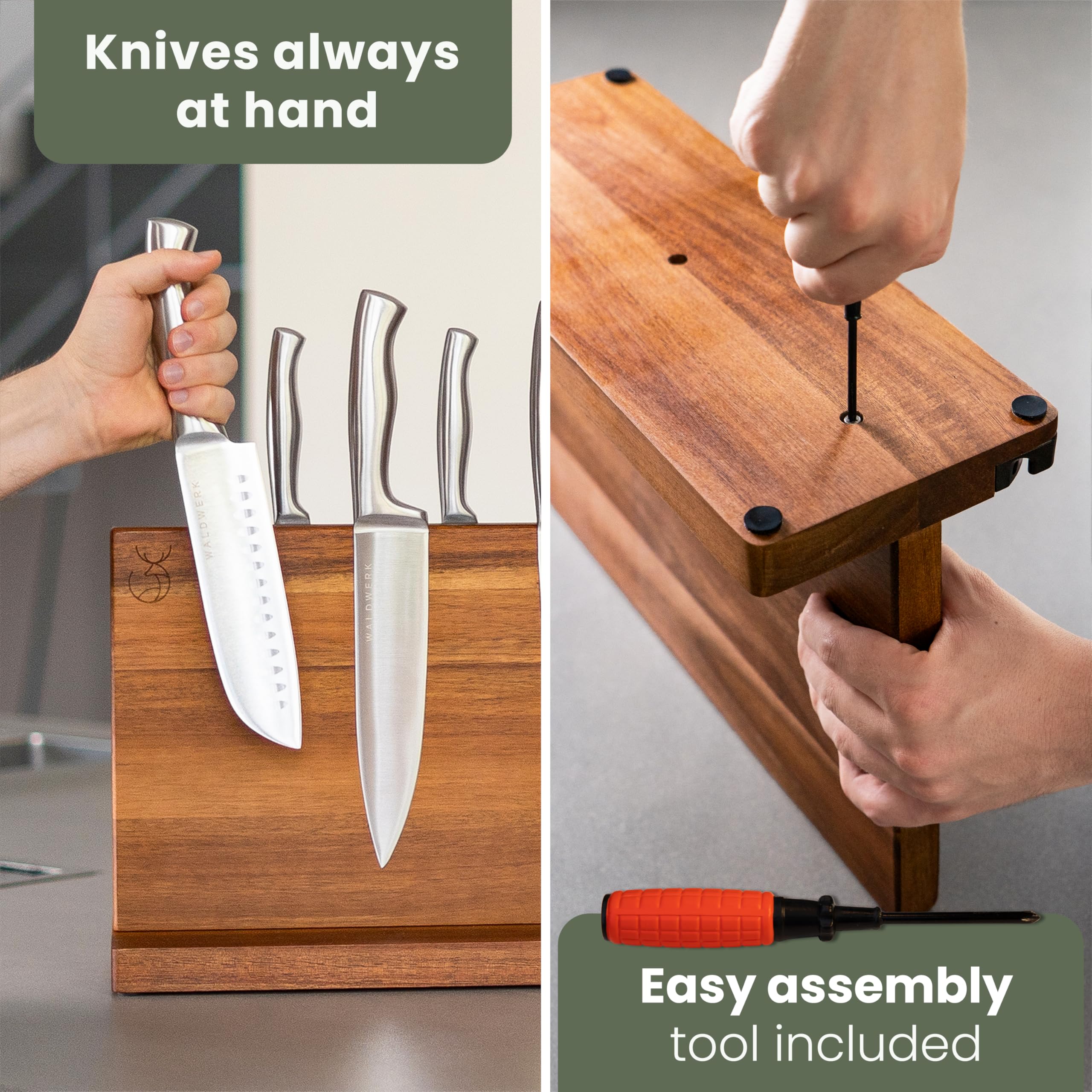 WALDWERK countertop knife storage promotes an organized kitchen space.