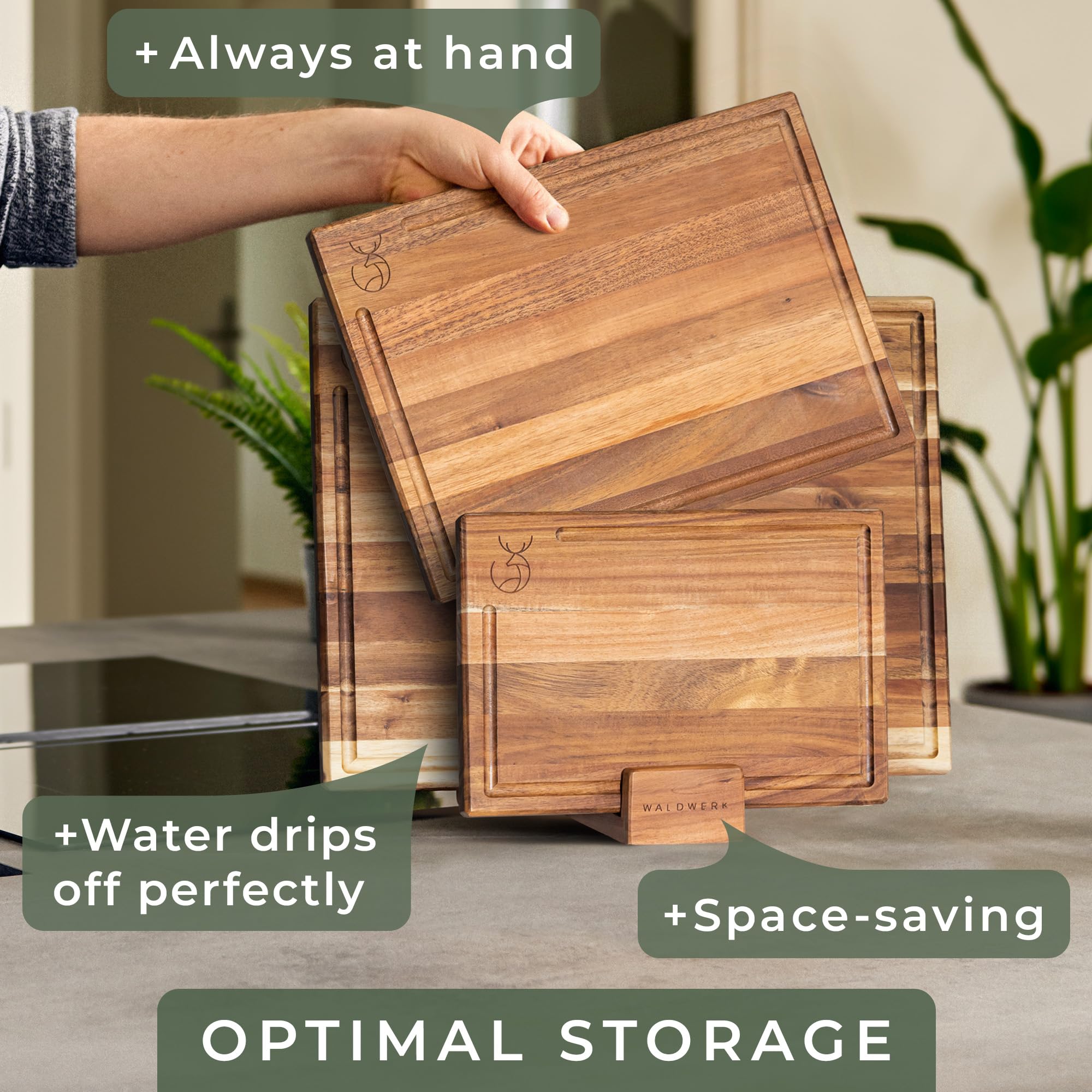 WALDWERK juice groove catches juices for a cleaner countertop.