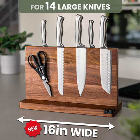 WALDWERK magnetic knife holder with triple rows securely holds heavy chef knives.
