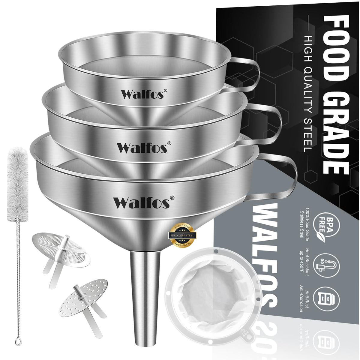 Walfos 3-piece funnel set assembled for precise pouring into jars and bottles