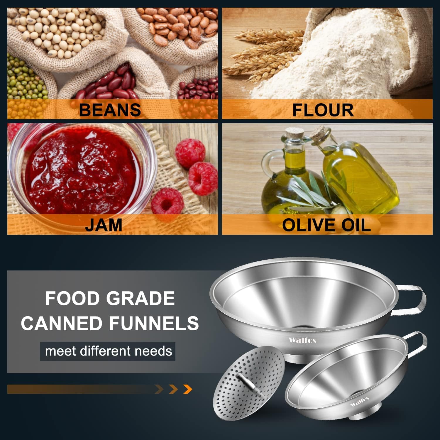 Walfos 4-inch funnel with ergonomic handle for small containers