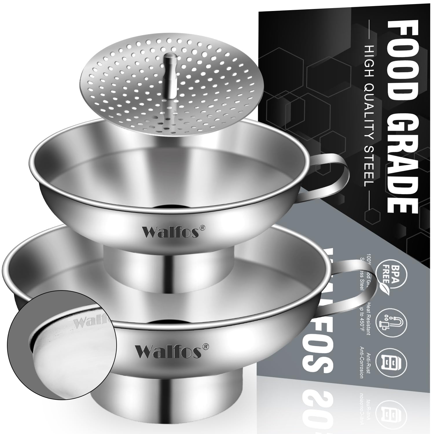 Walfos wide-mouth funnel with handle for smooth jar filling