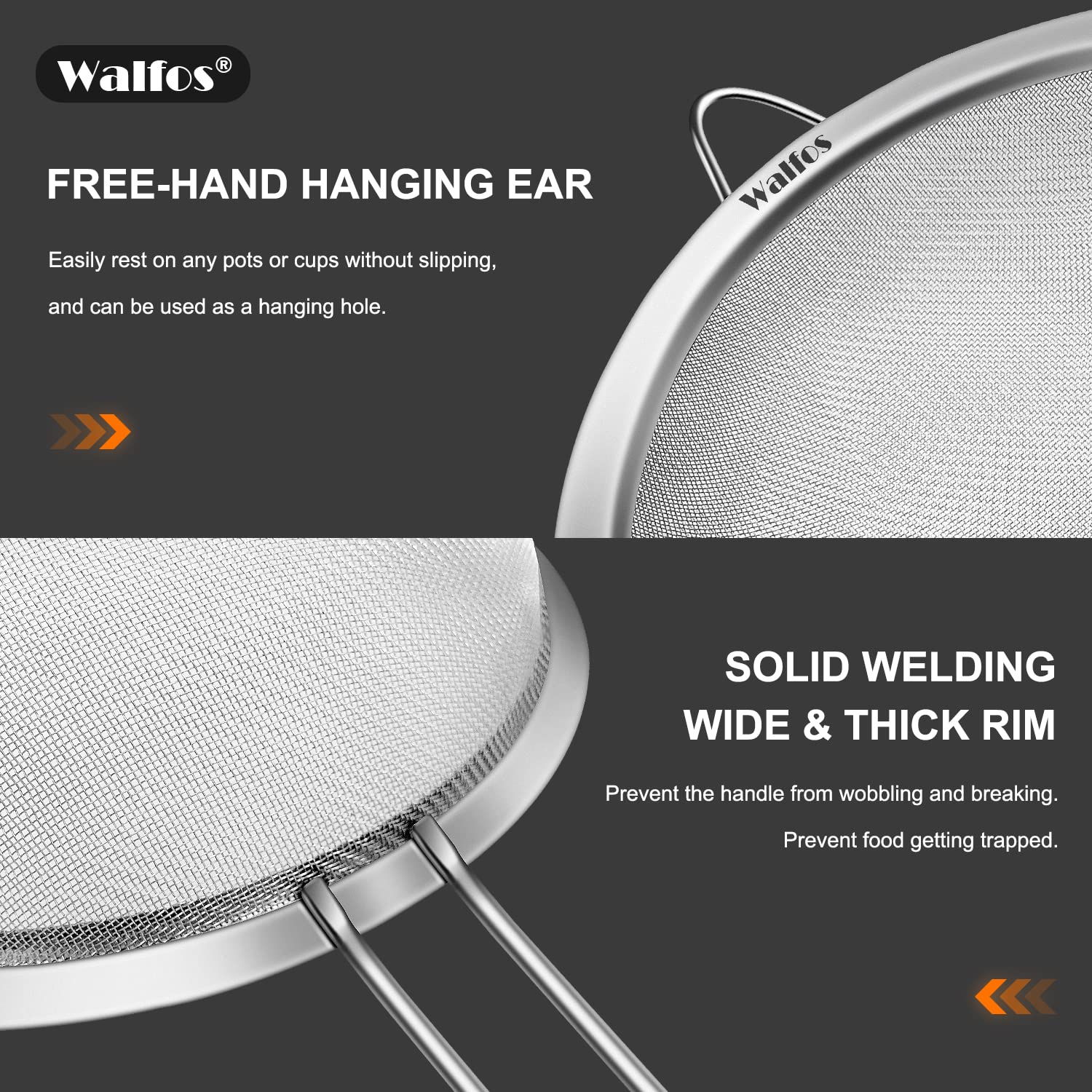 Walfos strainer in boiling water for easy pasta draining.