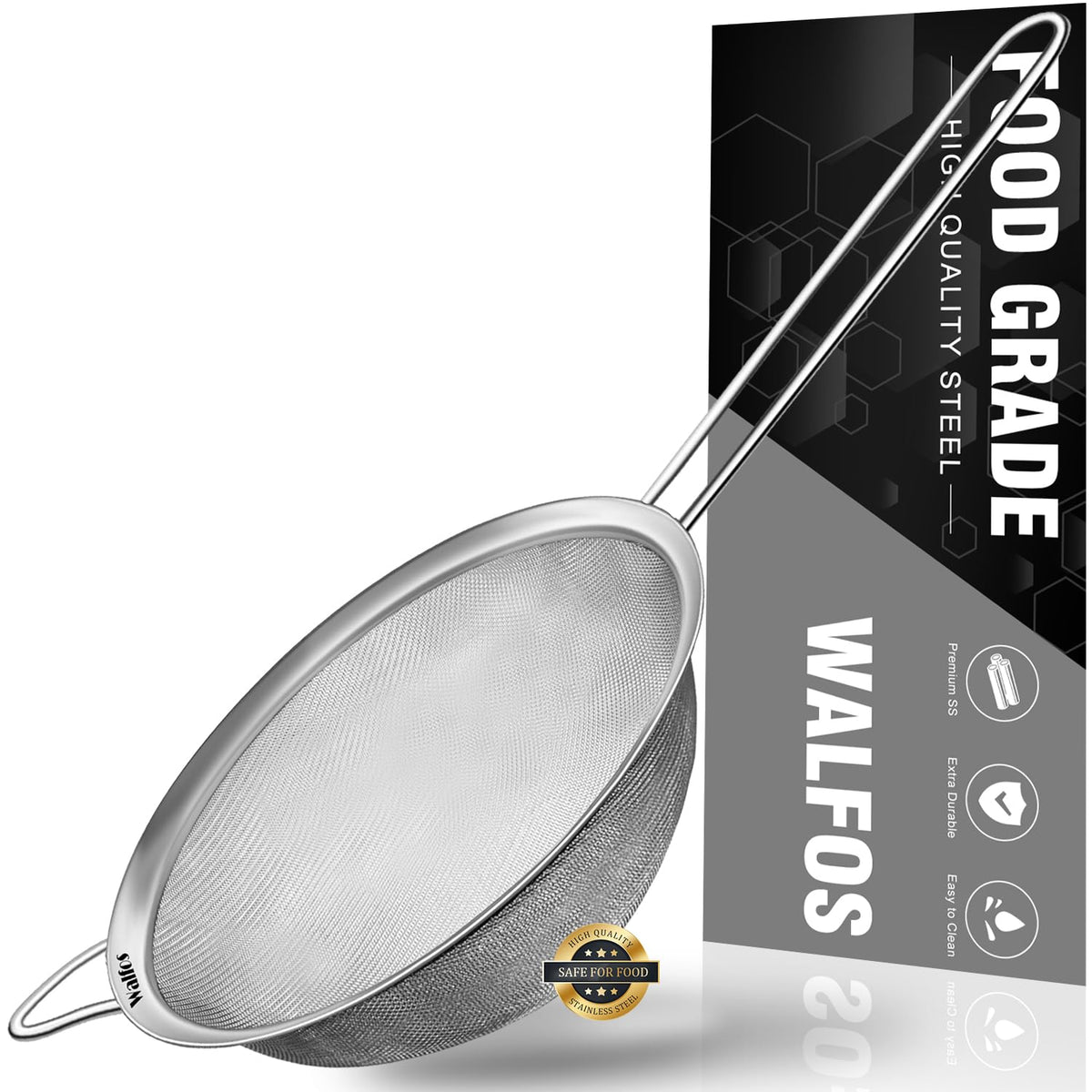 Walfos fine mesh strainer with reinforced frame for efficient rinsing.