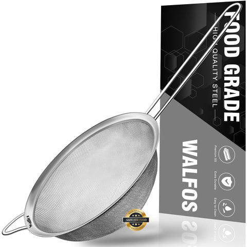 Walfos fine mesh strainer with reinforced frame for efficient rinsing.