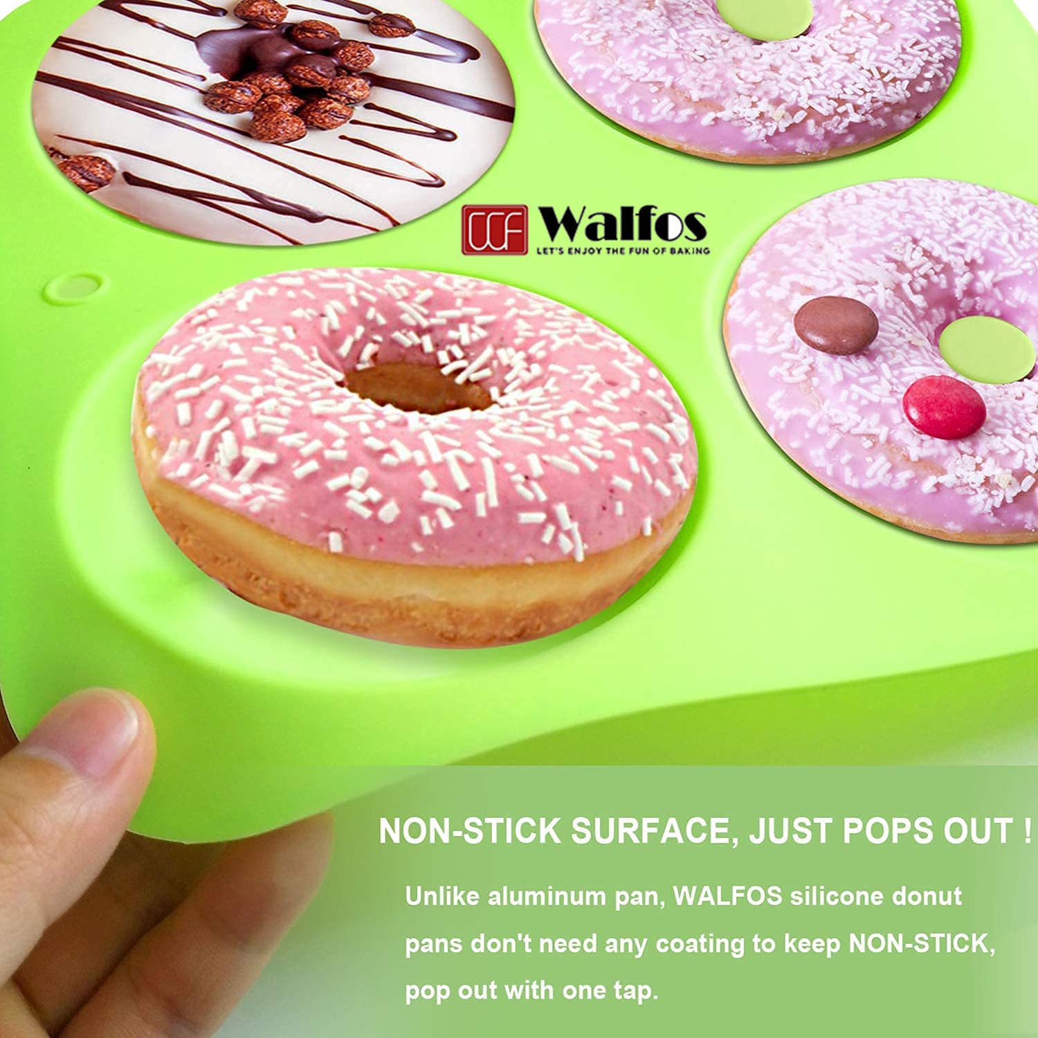Walfos oven-safe silicone handles high heat for versatile donut baking.