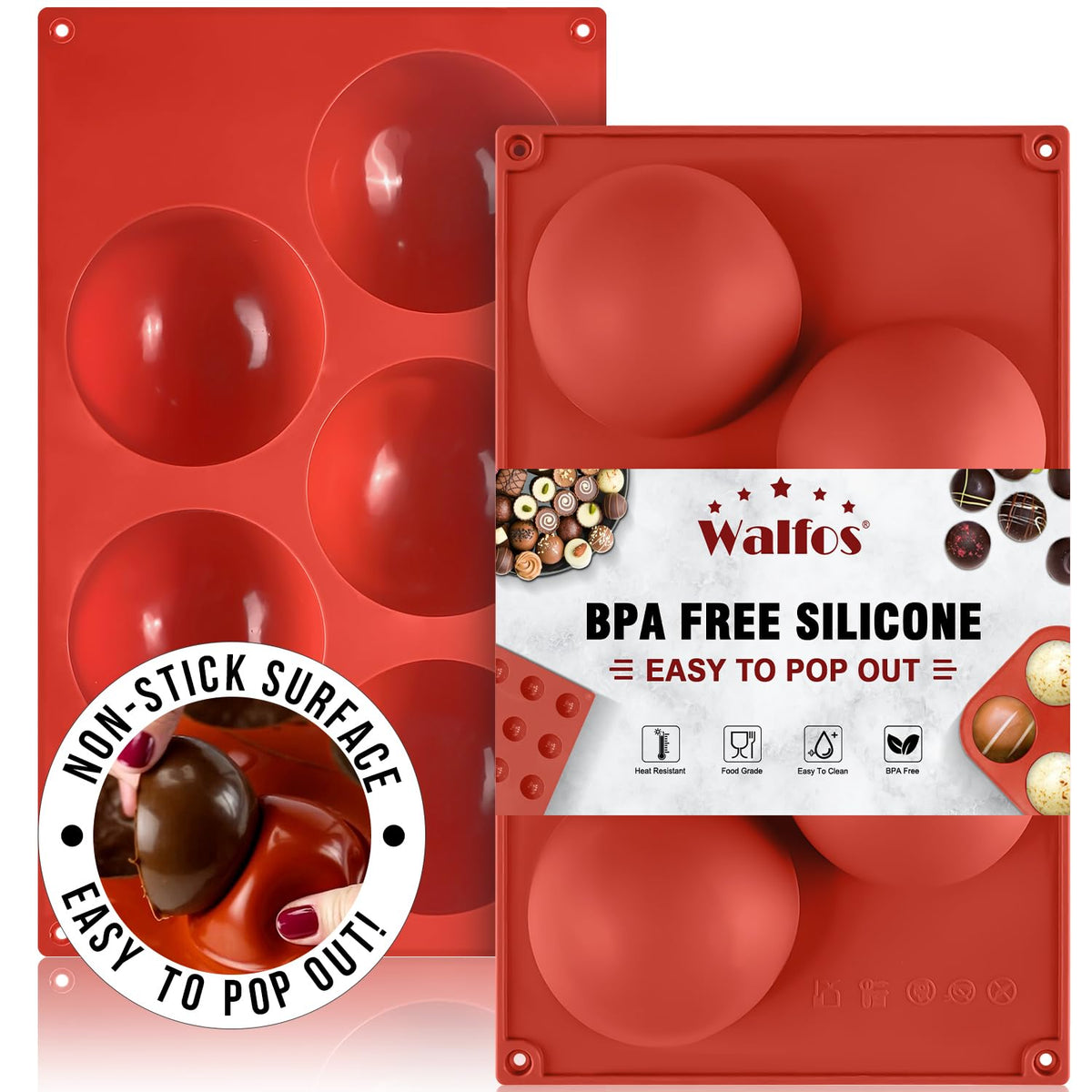 Walfos extra-large 5-cavity semi-sphere mold pack for easy chocolate and mousse releases.
