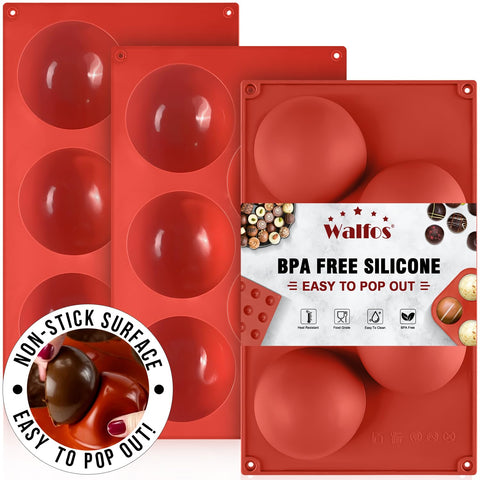 Walfos extra-large semi-sphere mold with 5 cavities in a 3-pack, ideal for chocolate bombs.