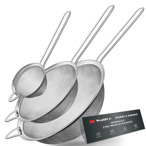 Walfos 2.7-inch fine mesh strainer with long handle for quick grain rinsing.