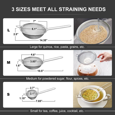Walfos 4.6-inch fine mesh strainer with long handle, ideal for pasta and vegetables.