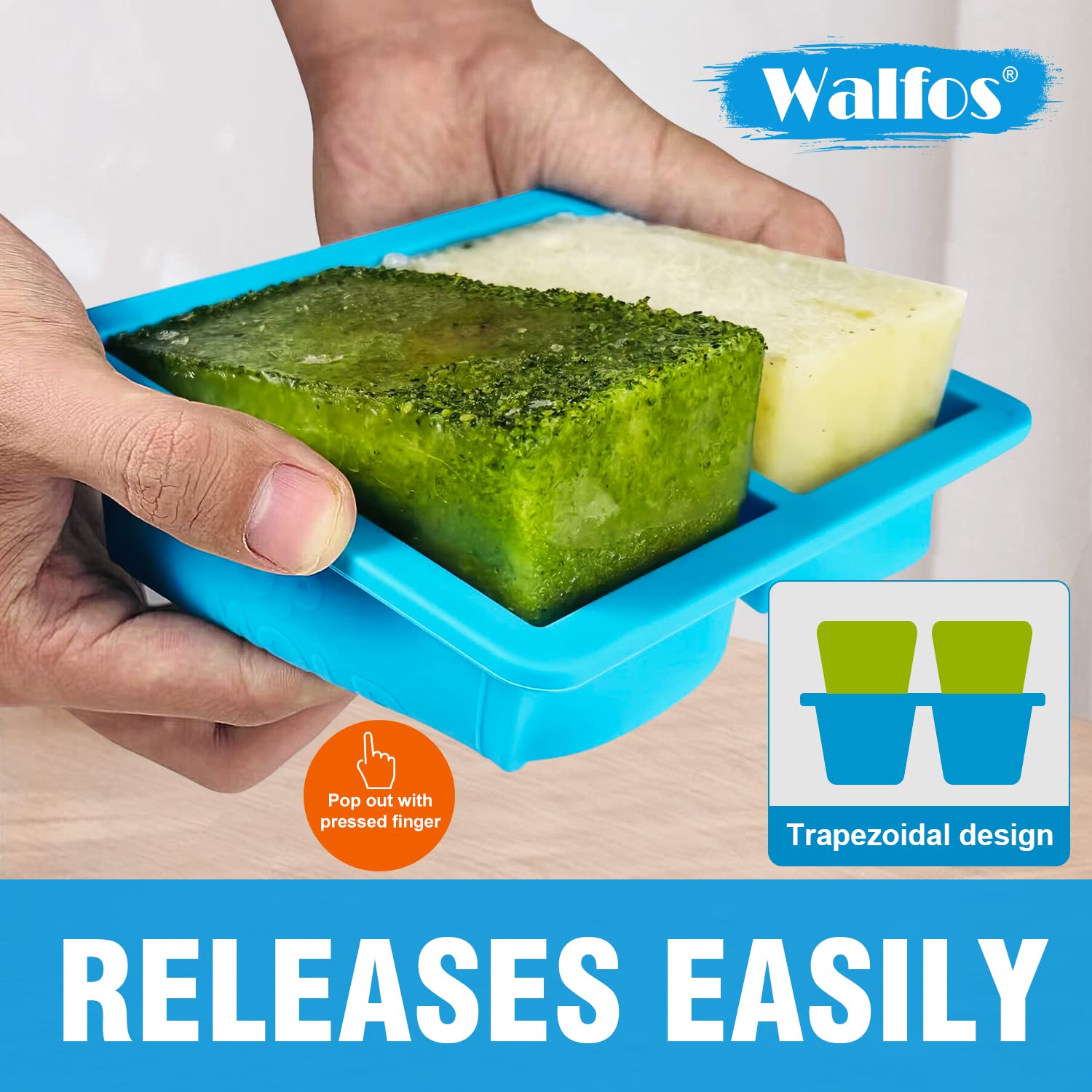 Walfos freezer mold with four filling lines for precise ½ or 1 cup servings.