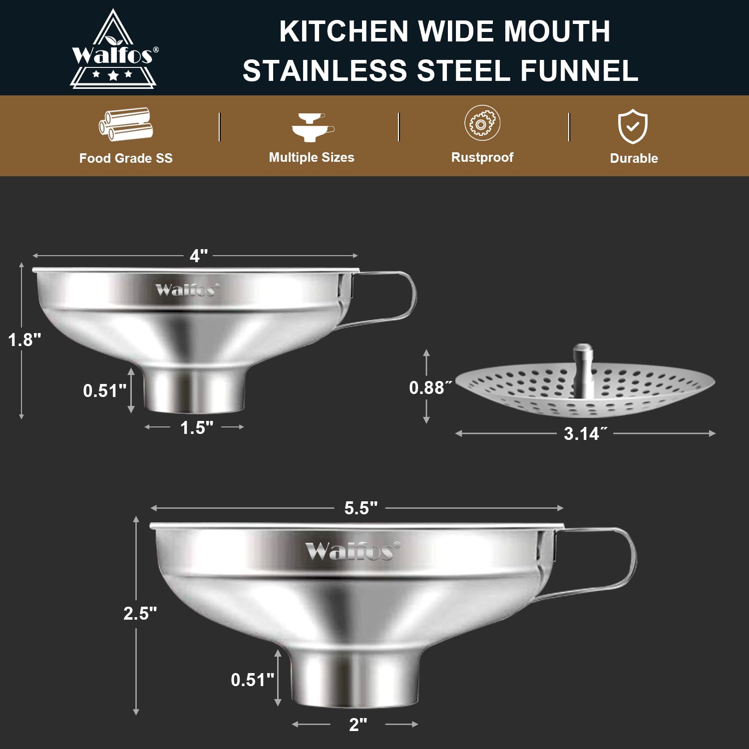 Walfos funnel with removable strainer prevents clogging