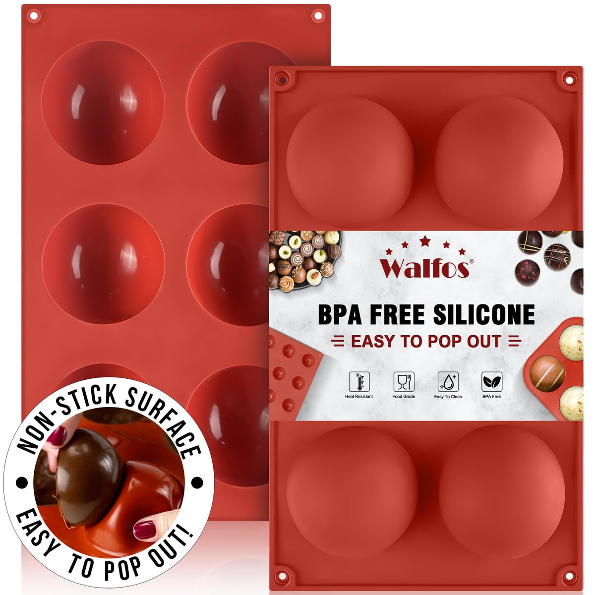 Walfos large 6-cavity semi-sphere mold for chocolate snacks, easy release.
