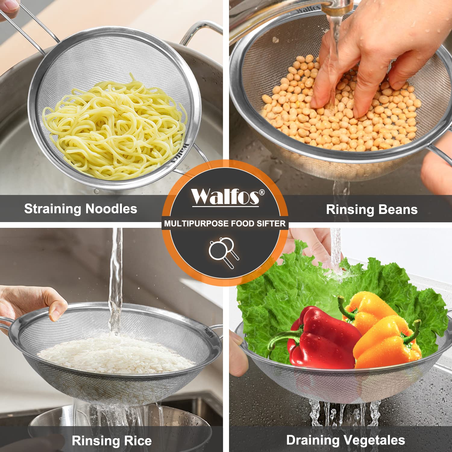 Walfos long-handle strainer offers safer lifting from boiling water.