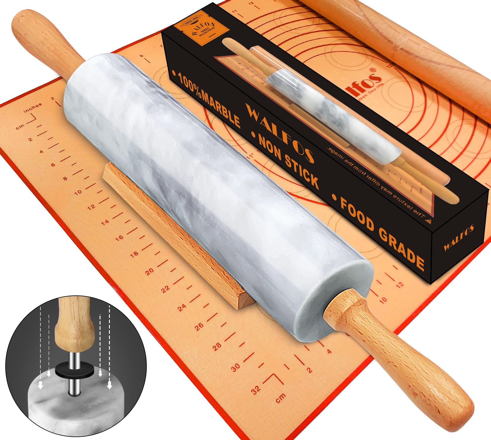 Walfos marble rolling pin in gray and white with smooth grip for easy dough rolling