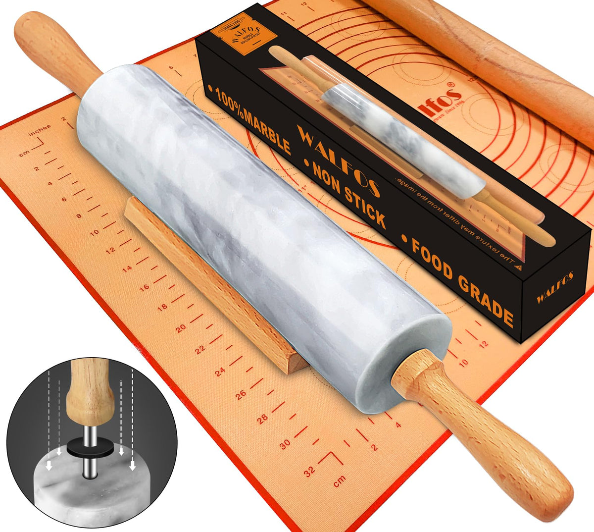 Walfos marble rolling pin in gray and white with smooth grip for easy dough rolling