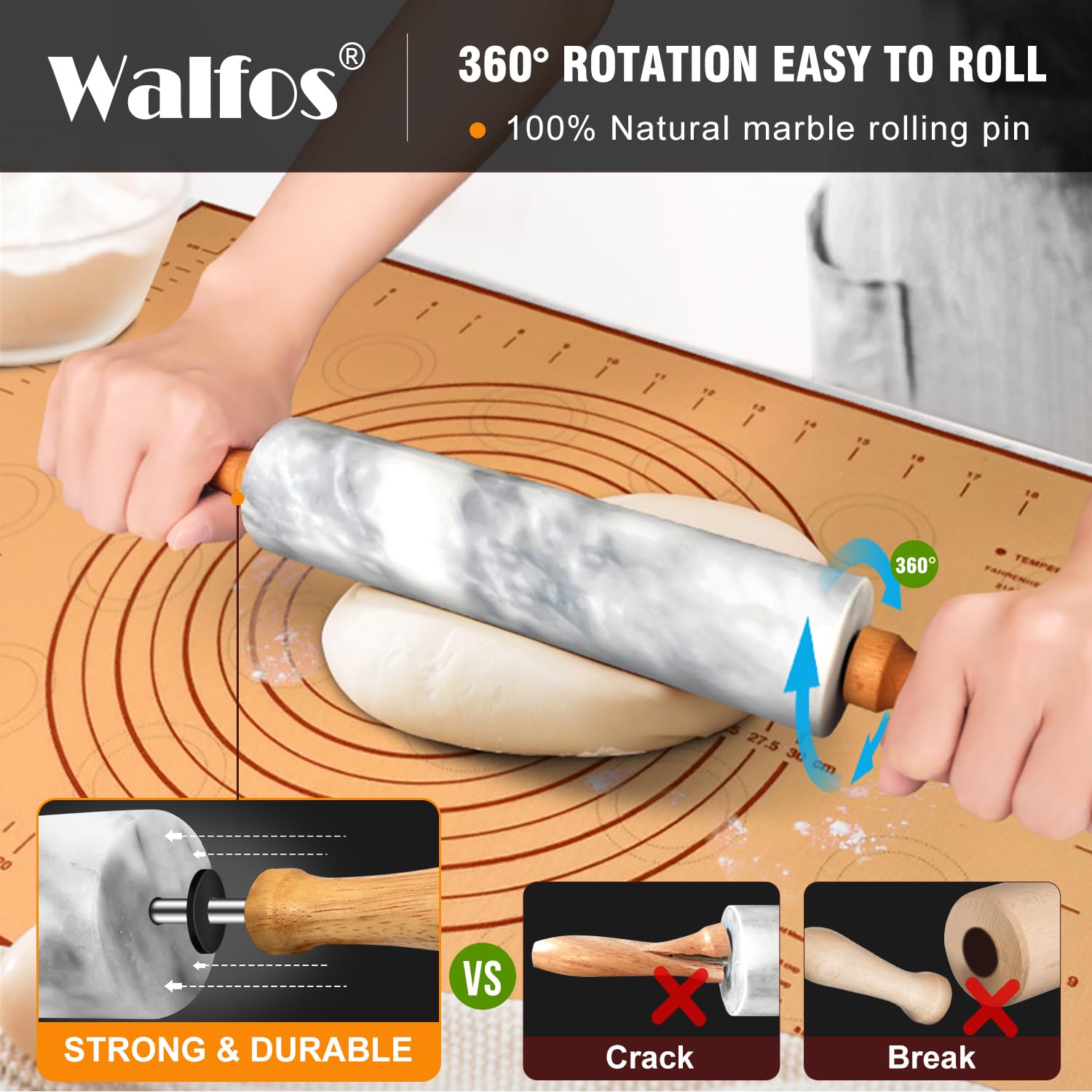 Walfos marble rolling pin with wooden handles for comfortable, steady control