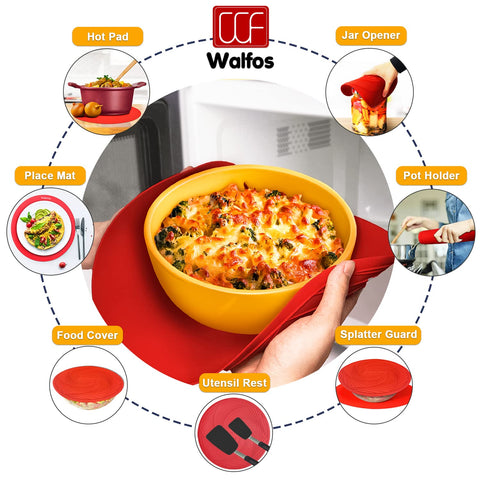 Walfos 10-inch microwave mat fits small plates for quick splatter control.